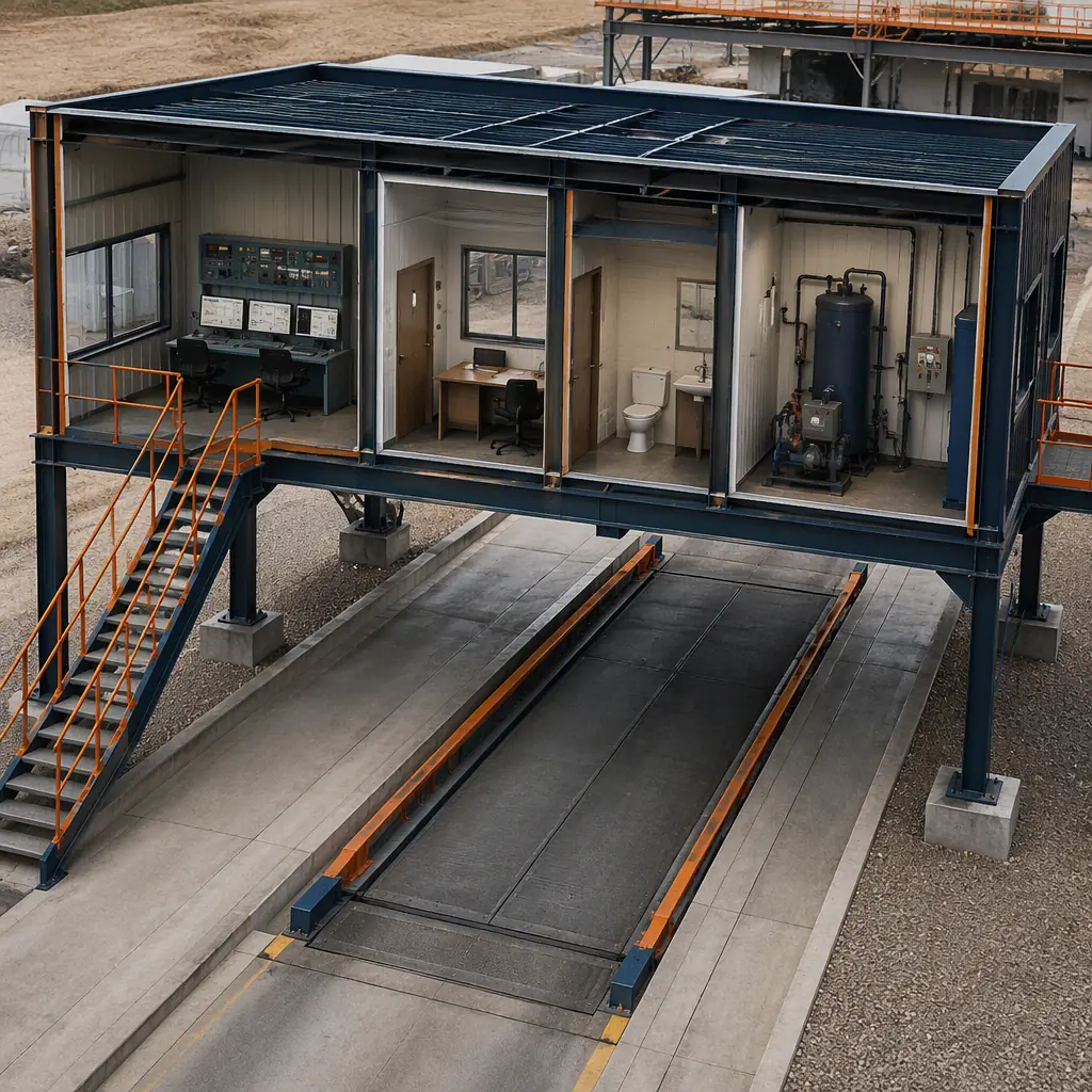 Photorealistic 3D cross-section render of modular scale house building, steel frame structure showing scale control room with indicator and data systems, inspection office, restroom, equipment room, elevated view over truck scale, clean engineering visualization, no text, no labels