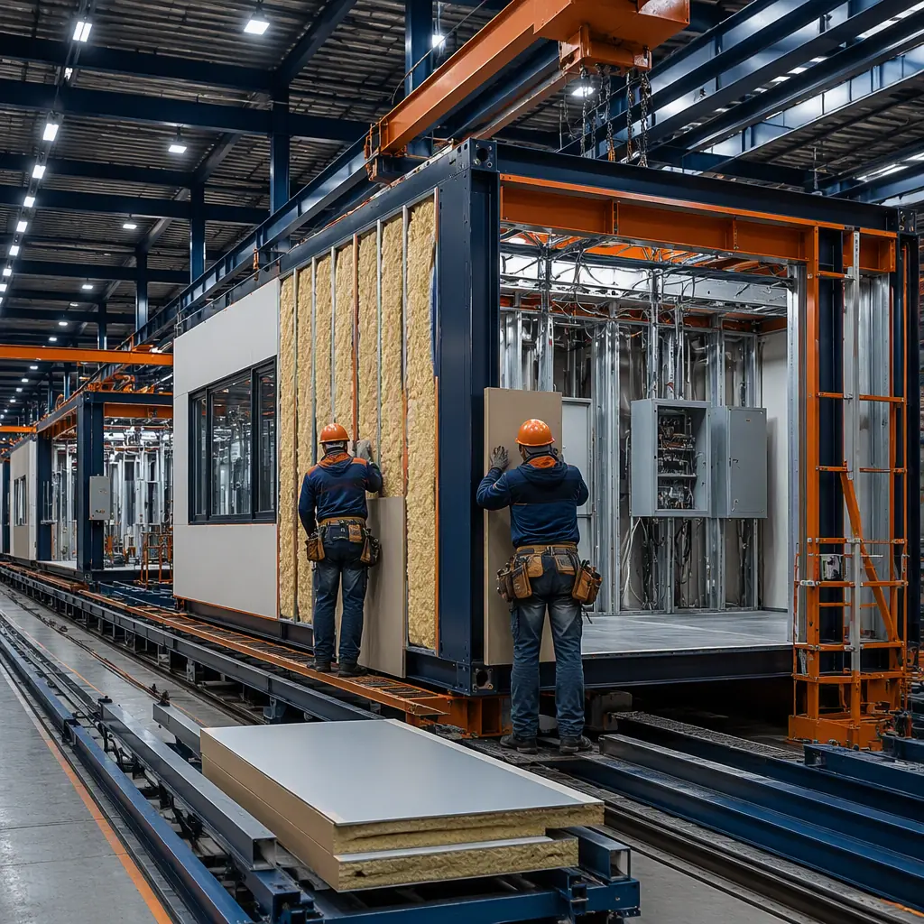 Factory floor of modular prefabricated construction facility, steel-framed scale house module under assembly, insulated wall panels and control room equipment being installed on module frame, workers fitting panels (no faces), overhead crane, assembly line, dark navy and warm steel orange accents