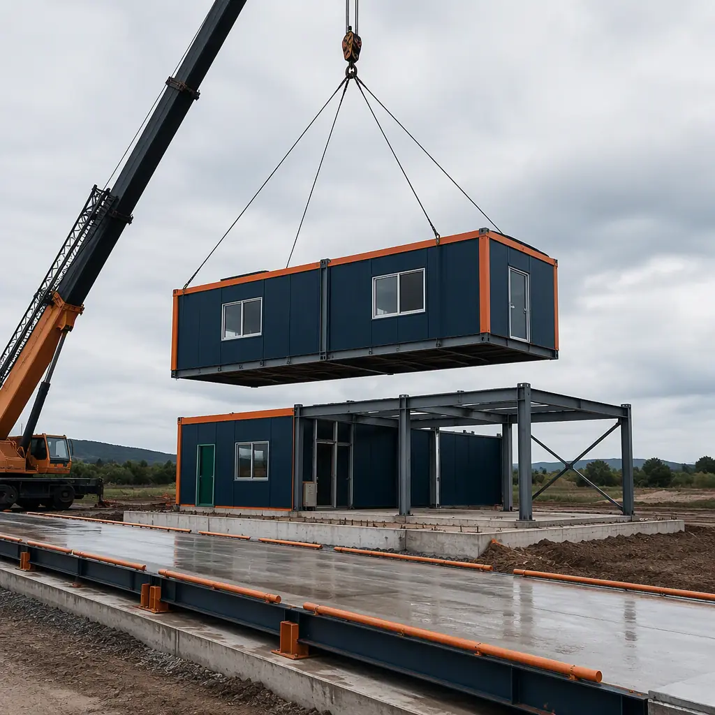 Crane lifting prefabricated steel-frame scale house module onto prepared foundation beside concrete truck scale with approach lanes, module seams visible, dark navy structural steel with warm steel orange accents, no people