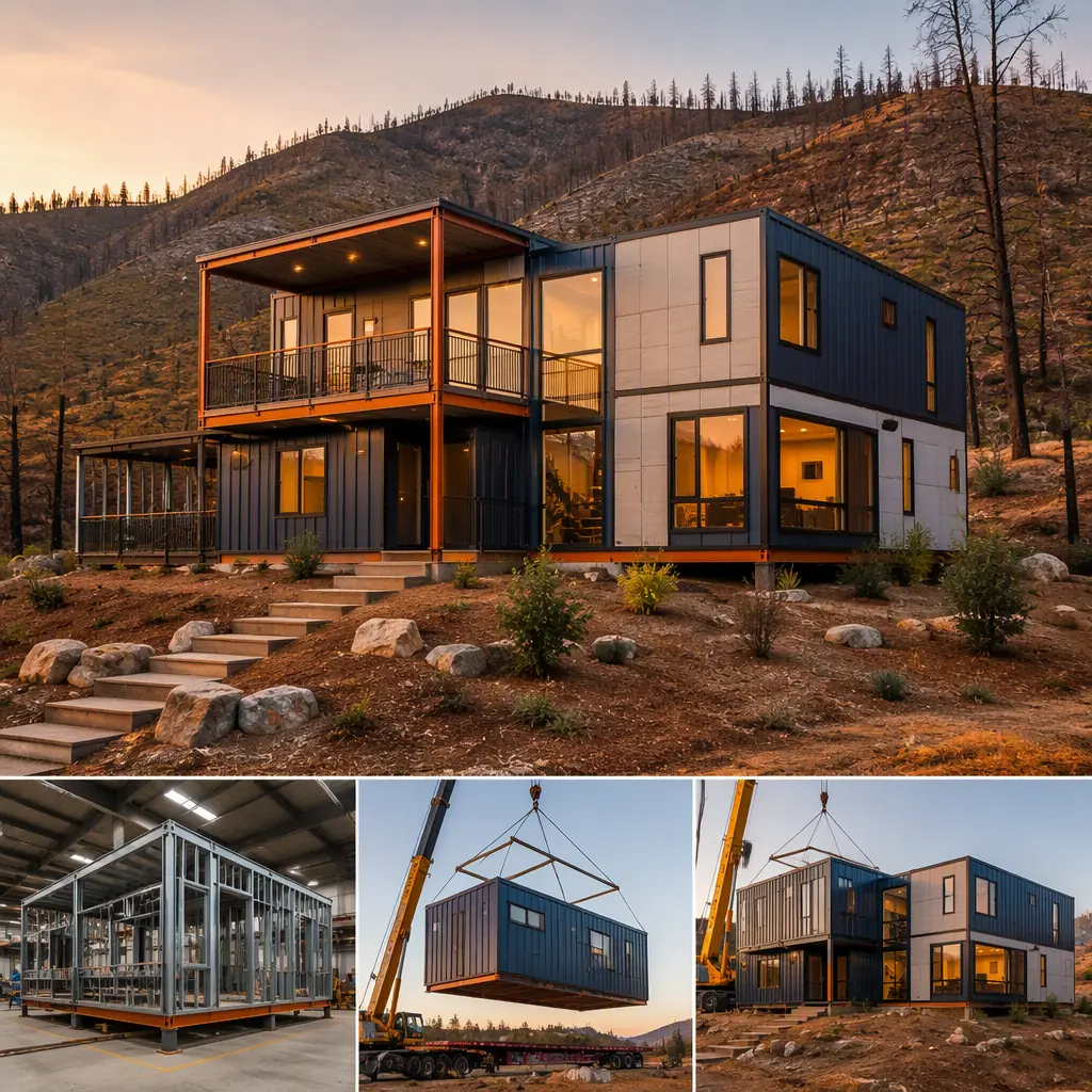 Golden-hour exterior view of a completed steel-frame modular building on a hillside in a wildfire-prone landscape, non-combustible cladding, clean geometric lines, module seams visible, defensible space clearing around the building, distant mountains, modular prefabricated construction