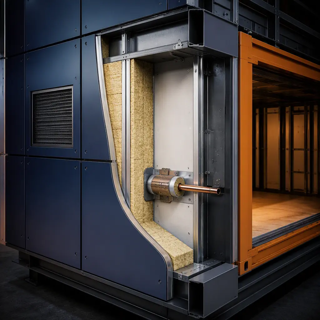 Photorealistic 3D cross-section render of a fire-rated modular building wall assembly, steel frame with non-combustible cladding panels, ember-resistant vent with fine metal mesh, fire-rated insulation layer, sealed penetration detail, dark navy and steel orange accents, engineering visualization