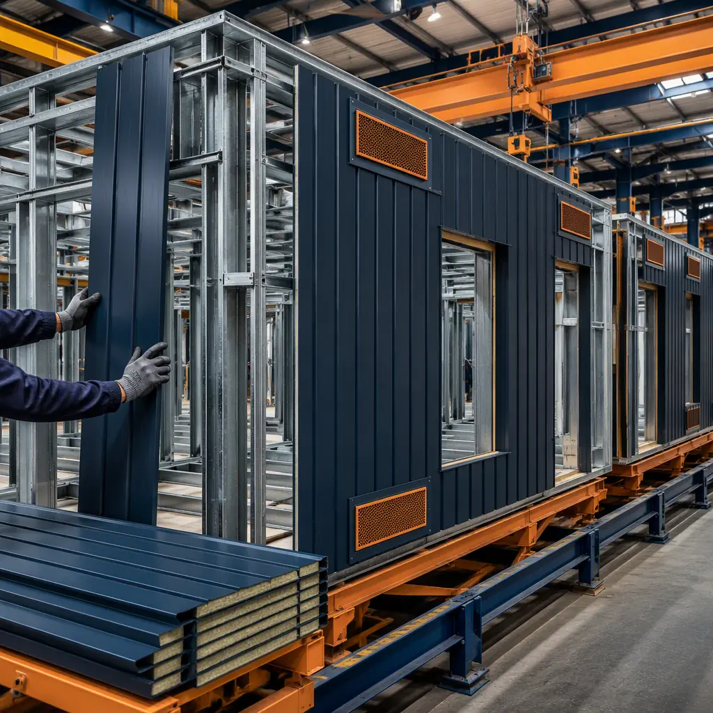 Factory floor of a modular construction facility, workers installing non-combustible metal cladding panels and ember-resistant vents onto a steel-frame building module, wall panel assembly line, steel structure visible, modular prefabricated construction