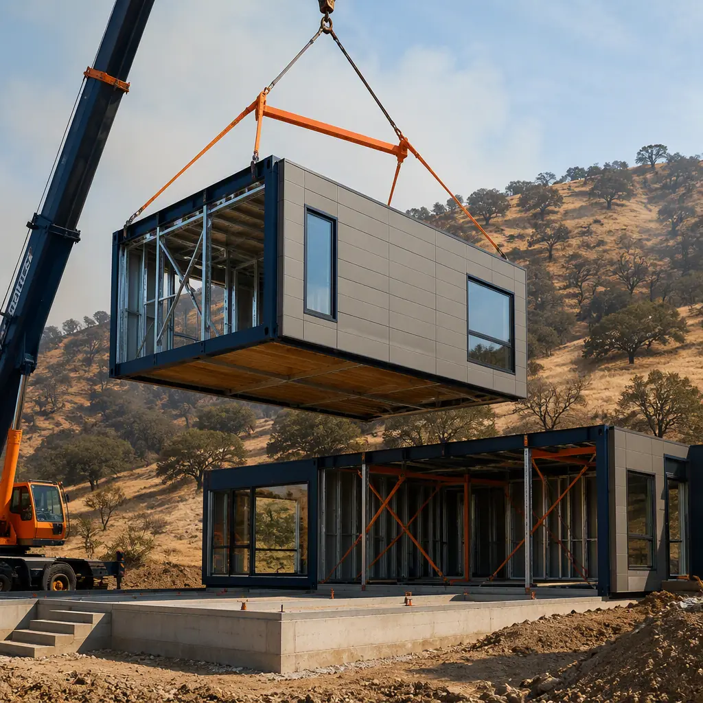 Crane lifting a prefabricated steel-frame building module onto a concrete foundation in a wildfire-prone hillside landscape, dry grass and oak trees in the background, module with non-combustible cladding being positioned, modular prefabricated construction