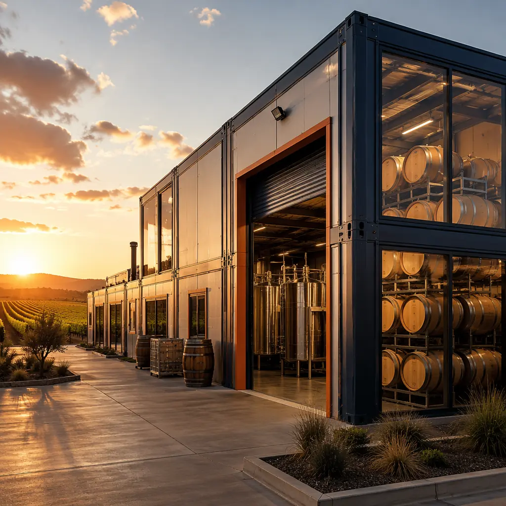 Modern modular winery production facility exterior, prefabricated steel frame modules with clean industrial facade, barrel storage visible through large glass panels, vineyard setting, warm sunset lighting