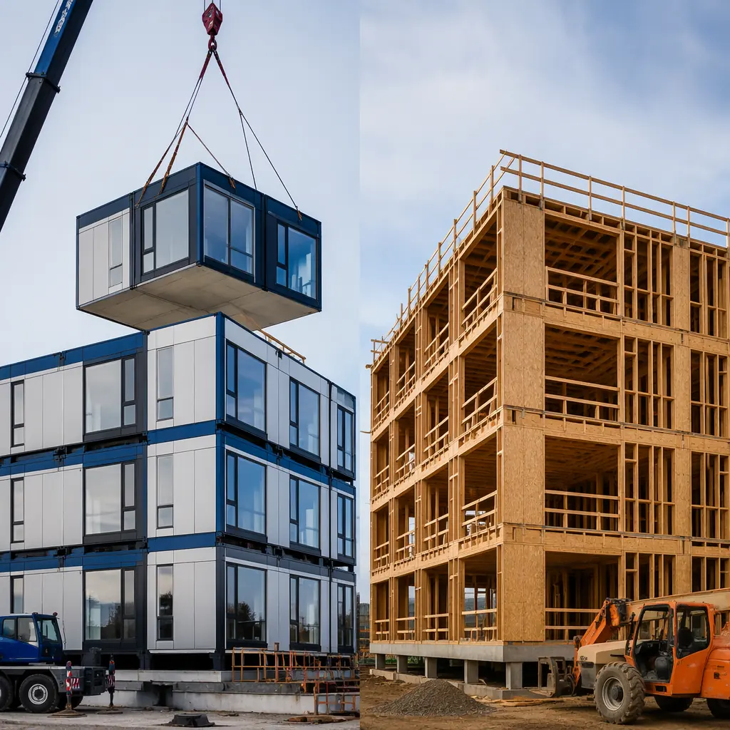 Split comparison image showing modular steel-frame construction on the left with factory-assembled modules being craned into position on a mid-rise commercial building site, and conventional wood-frame construction on the right with stick framing crew working on a podium-style apartment building, dark navy and warm steel orange accents on modular side, natural wood tones on traditional side, clean professional architectural comparison aesthetic
