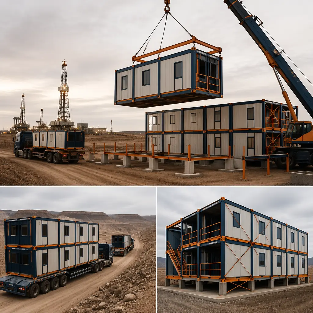 Modular workforce housing modules being craned into position at remote industrial site with drilling rigs in background