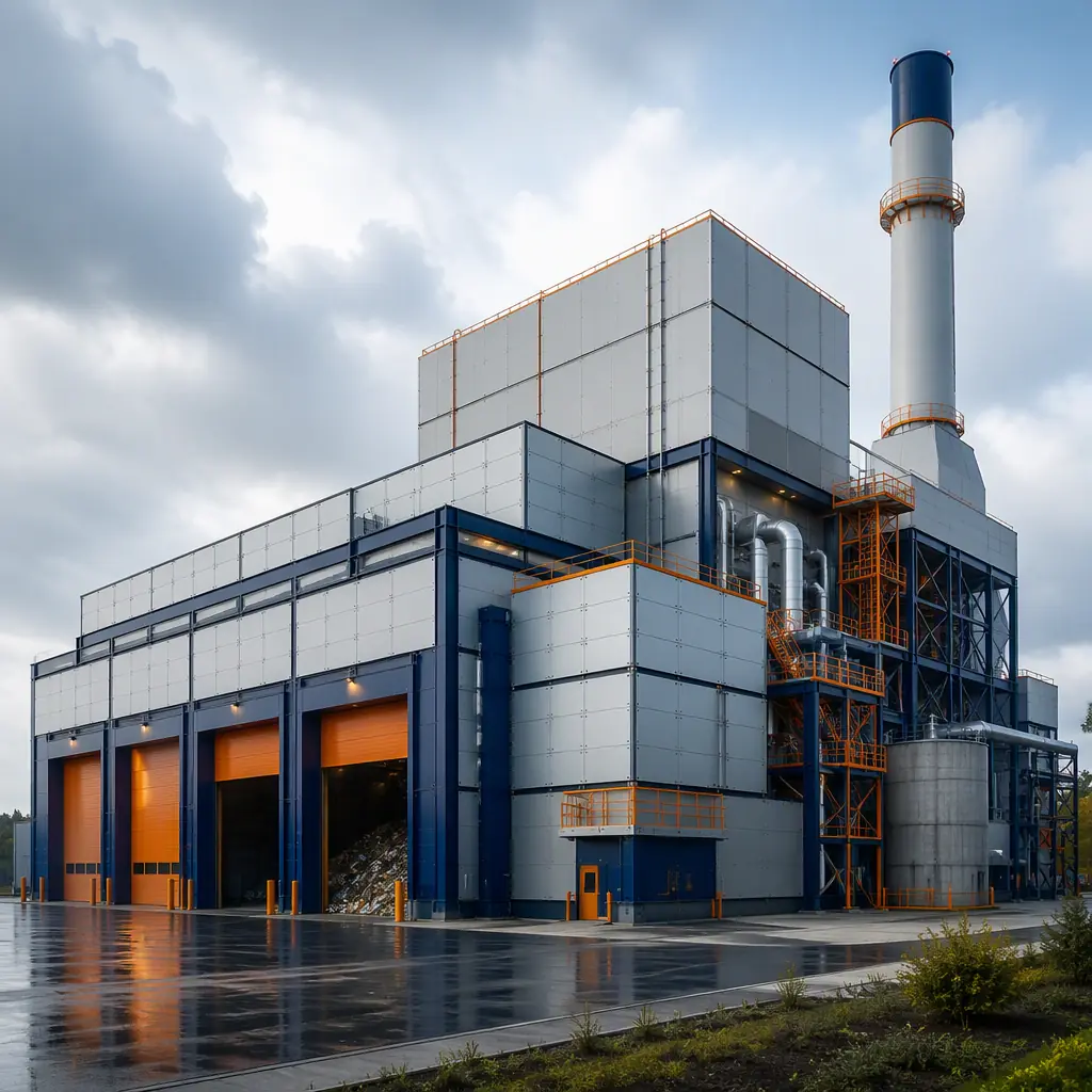 Modular waste-to-energy facility exterior, prefabricated steel-frame process building modules assembled into large EFW plant, tipping hall module with vehicle access doors, combustion hall with tall stack, module seams visible on factory-built process units, clean geometric industrial architecture, dark navy structural steel with warm steel orange accents