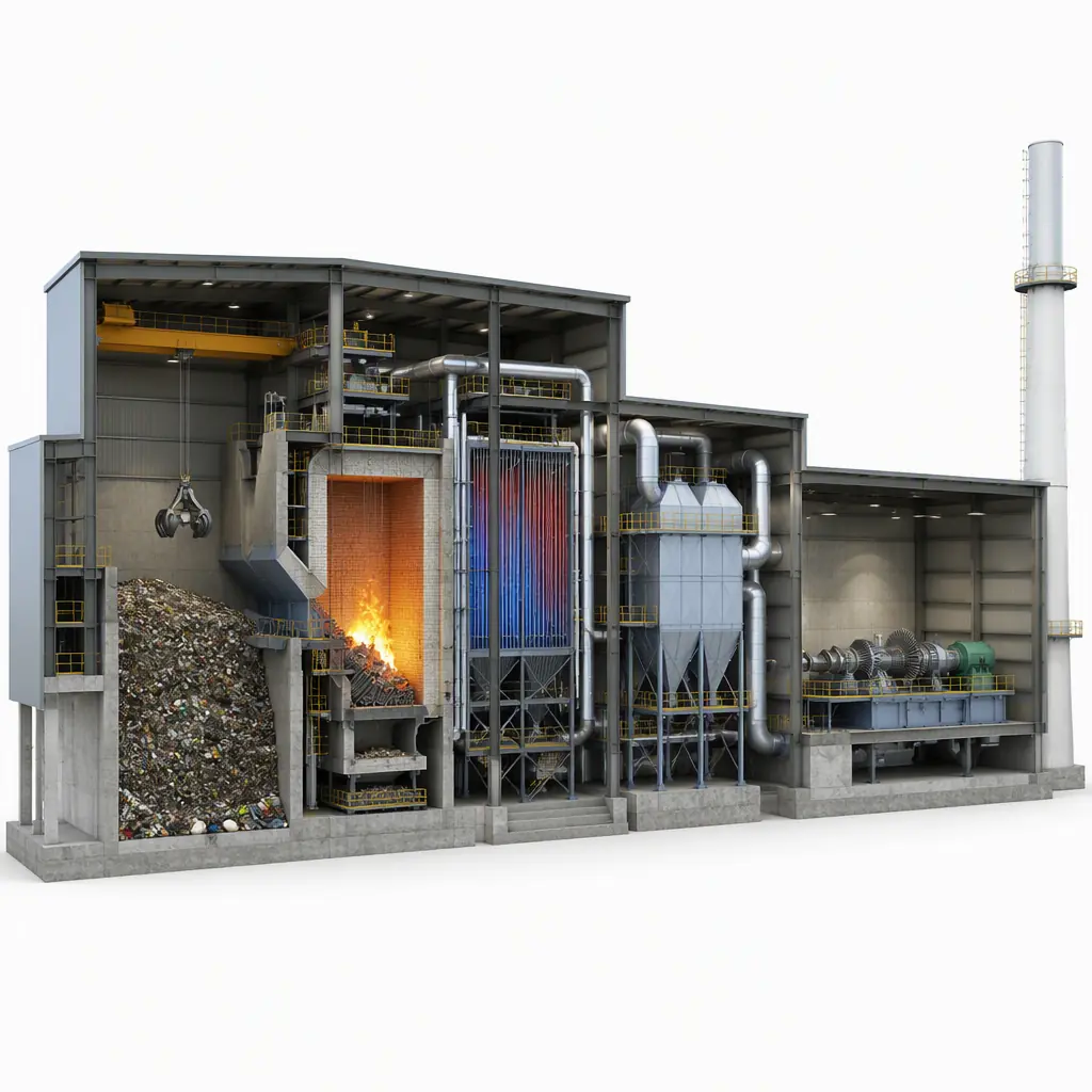 Photorealistic 3D cross-section render of modular waste-to-energy plant process hall, steel frame structure with refractory-lined combustion chamber, waste feed chute, heat recovery boiler section, air pollution control module with baghouse, turbine hall section, clean engineering visualization, no text, no labels