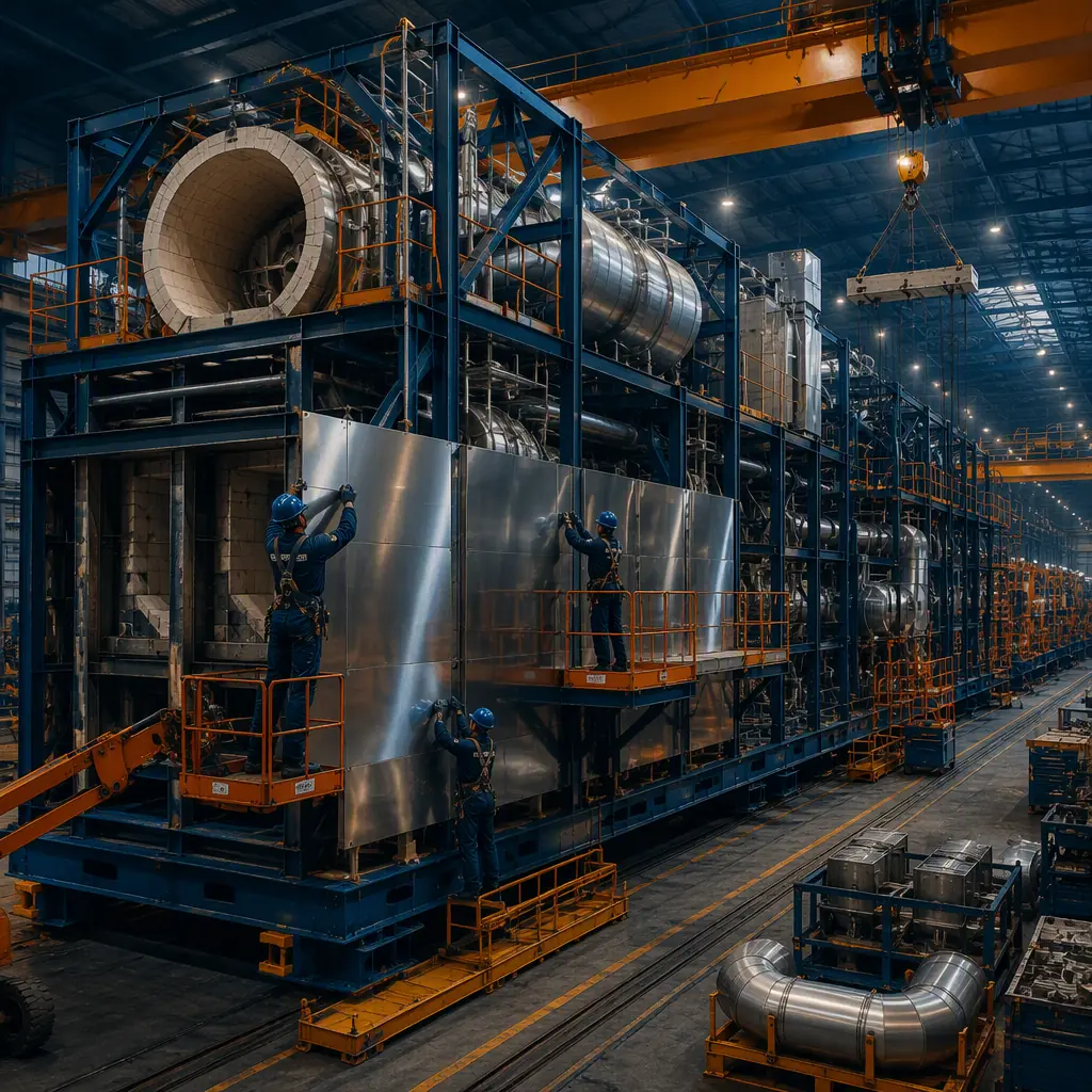 Factory floor of modular prefabricated construction facility, steel-framed waste-to-energy process module under assembly, refractory-lined sections and ductwork being installed on module frame, workers fitting corrosion-resistant cladding (no faces), overhead crane, assembly line, dark navy and warm steel orange accents
