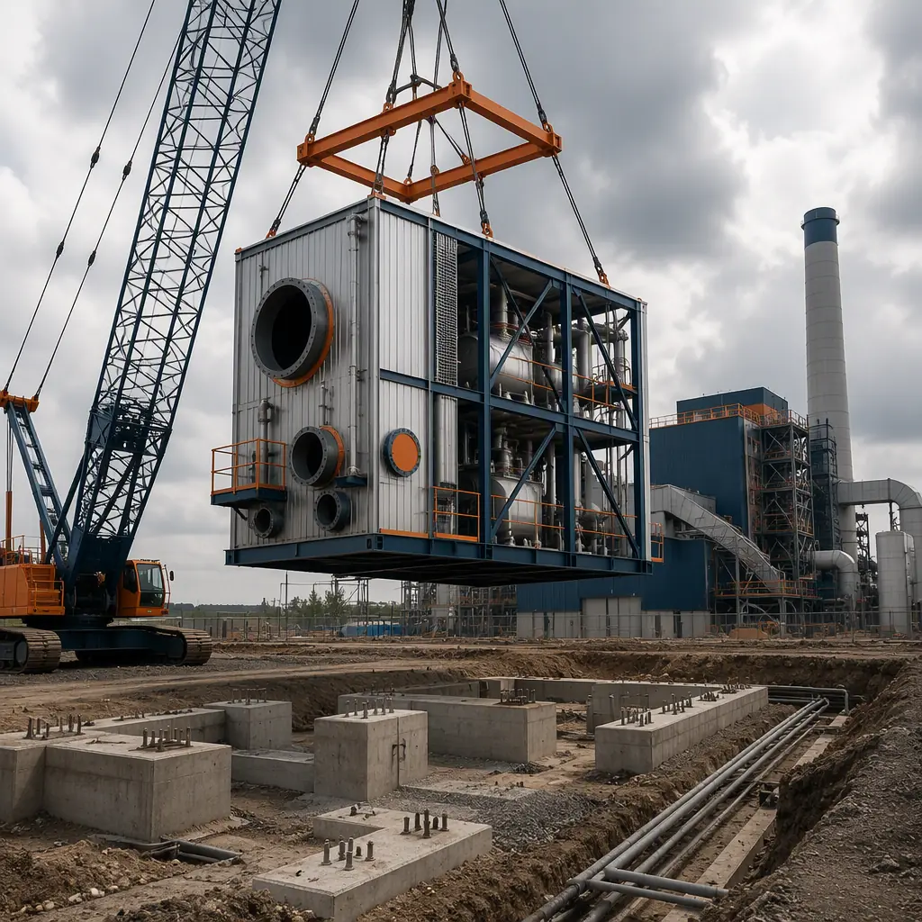 Crane lifting prefabricated steel-frame process module onto foundation at waste-to-energy plant construction site, module with corrosion-resistant cladding and large process openings, cleared site with heavy equipment foundations and utility trenches, module seams visible, dark navy structural steel with warm steel orange accents, no people