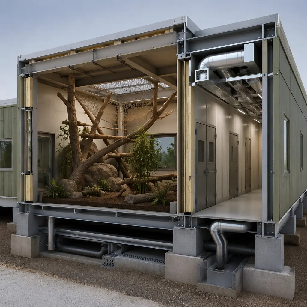 Photorealistic 3D cross-section render of modular zoo animal housing building, showing indoor habitat space with climbing structures, keeper access corridor with secure double doors, ventilation ducting and drainage systems, steel frame module seams visible, clean engineering visualization, no people, no text, no labels