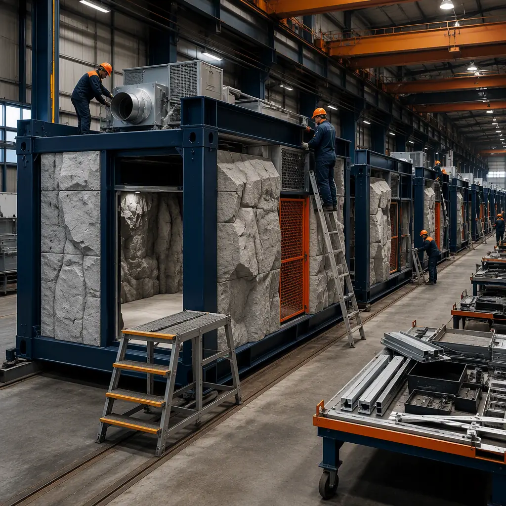 Factory floor of modular prefabricated construction facility, zoo habitat building modules in production with steel frames and habitat wall panels, workers installing ventilation systems and security doors without visible faces, assembly line, dark navy and warm steel orange accents, no text, no logos