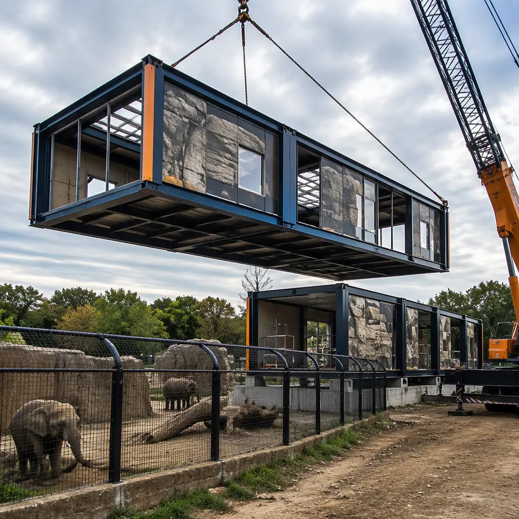 Crane lifting prefabricated steel-frame building module over zoo fence, module with habitat wall panels being placed beside animal enclosure, zoo grounds in background, module seams visible, dark navy and warm steel orange accents, photorealistic construction photography, no people faces, no text, no logos